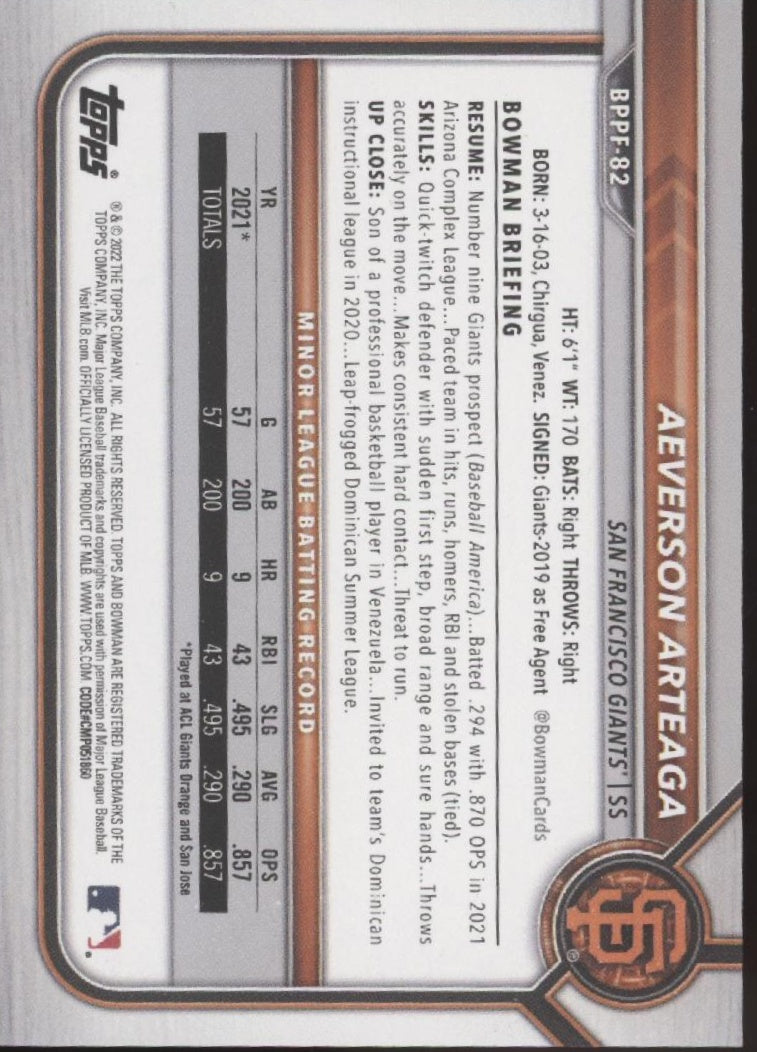 Aeverson Arteaga 2022 Bowman 1st Edition Prospects #BPPF-82