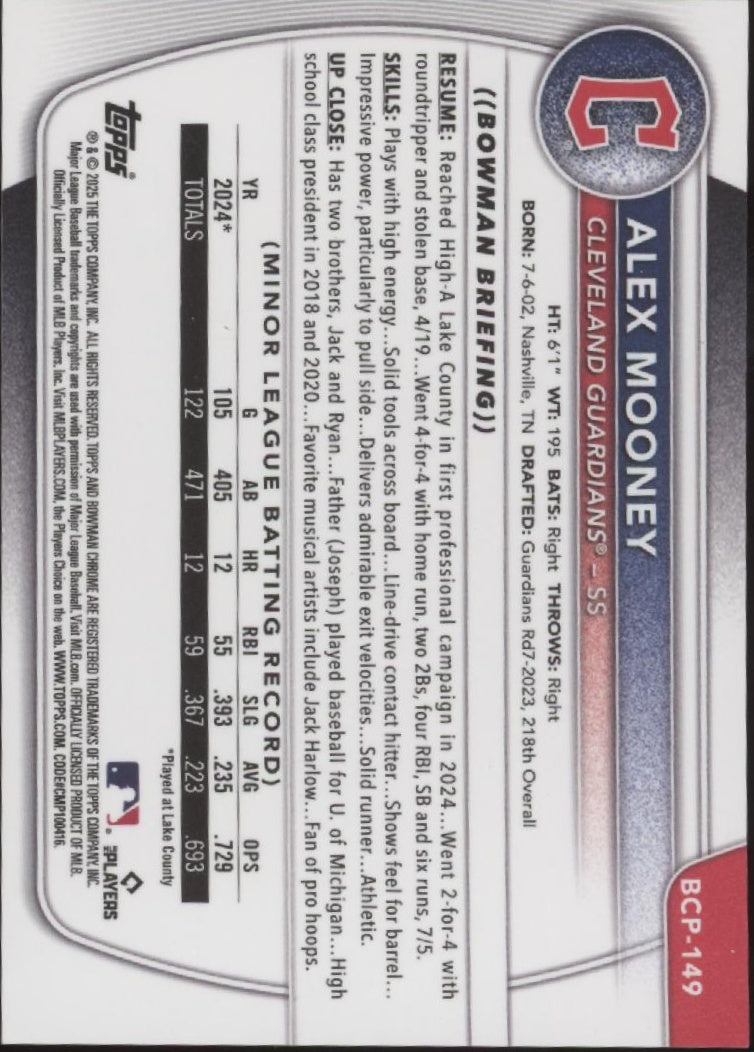 Alex Mooney 2025 Bowman Chrome Prospects Green Scale Refractor 60/99