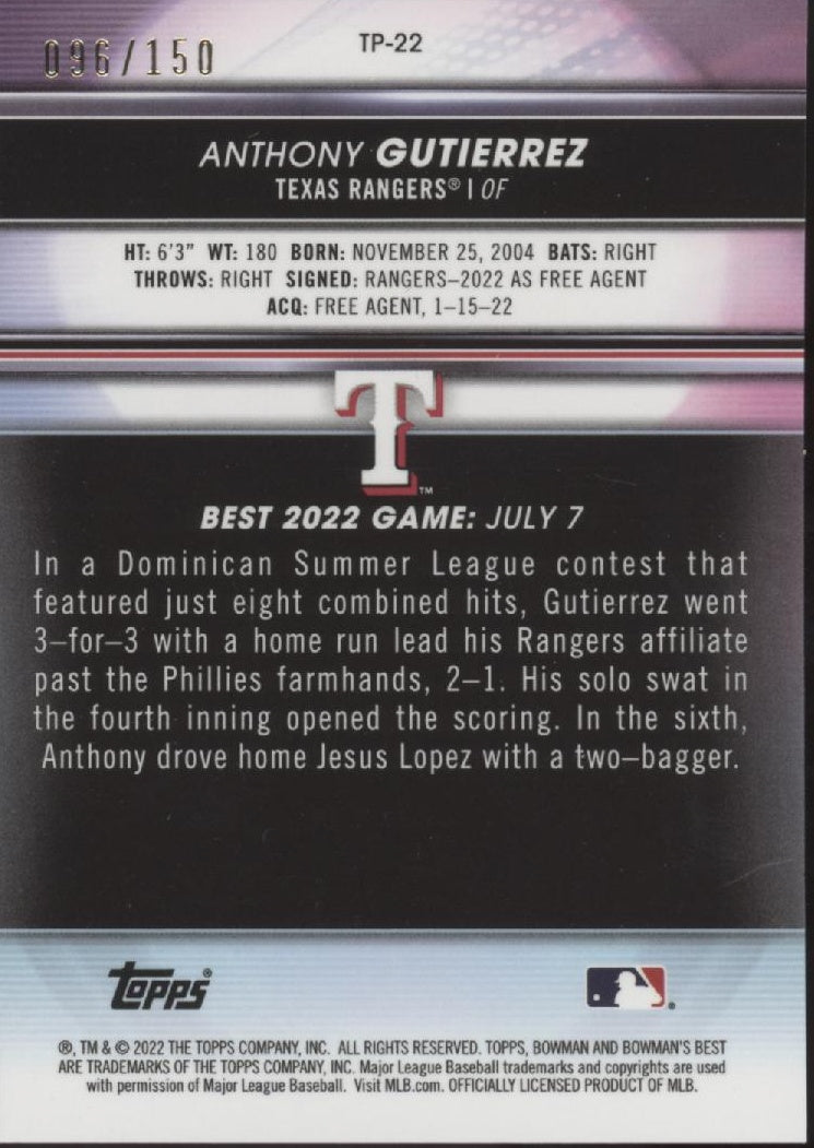Anthony Gutierrez 2022 Bowman's Best Blue Refractor 096/150 #TP-22