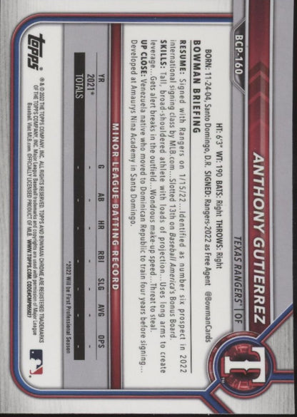 Anthony Gutierrez 2022 Bowman Chrome Prospects #BCP-160