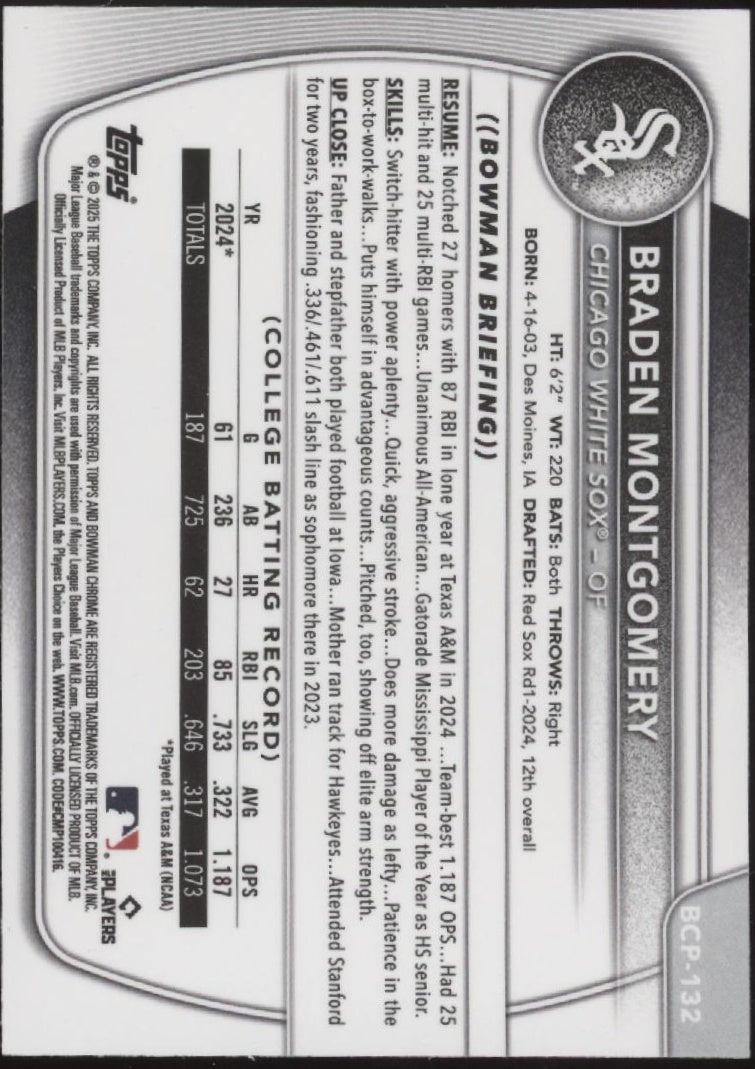 Braden Montgomery 2025 Bowman Chrome Prospects Green Refractor 22/99 #BCP-132