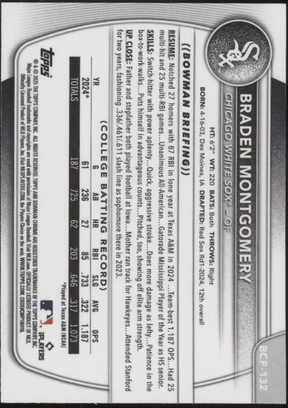 Braden Montgomery 2025 Bowman Chrome Prospects Green Refractor 22/99 #BCP-132