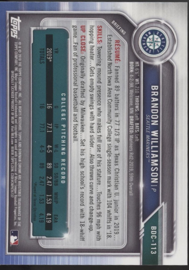 Brandon Williamson 2019 Bowman Chrome Sky Blue Refractor #BDC-113