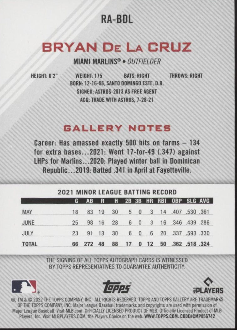 Bryan De La Cruz 2022 Topps Gallery RC Auto #RA-BDL
