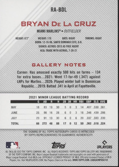 Bryan De La Cruz 2022 Topps Gallery RC Auto #RA-BDL