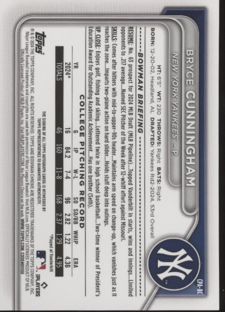 Bryce Cunningham 2024 Bowman Chrome Auto #CPA-BC
