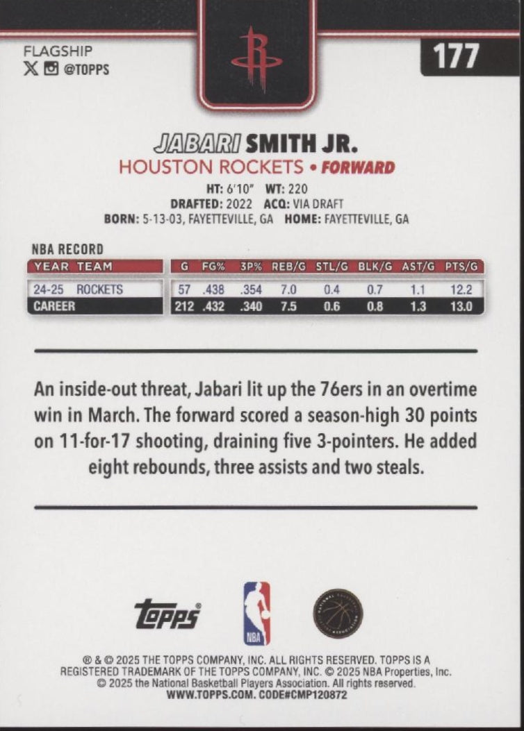 Jabari Smith Jr. 2025-26 Topps Flagship Orange Holo #177