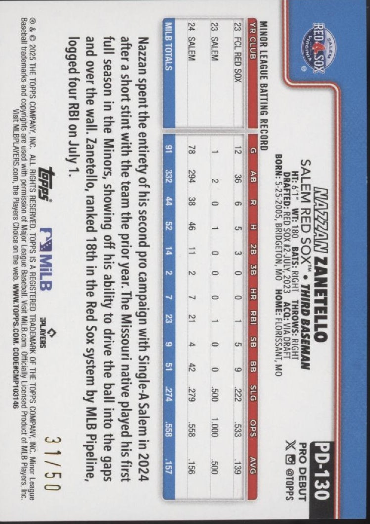Nazzan Zanetello 2025 Topps Pro Debut Gold Holo 31/50 #PD-130