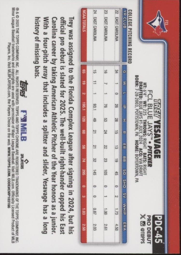 Trey Yesavage 2025 Topps Chrome Pro Debut Xfractor Refractor #PDC-45