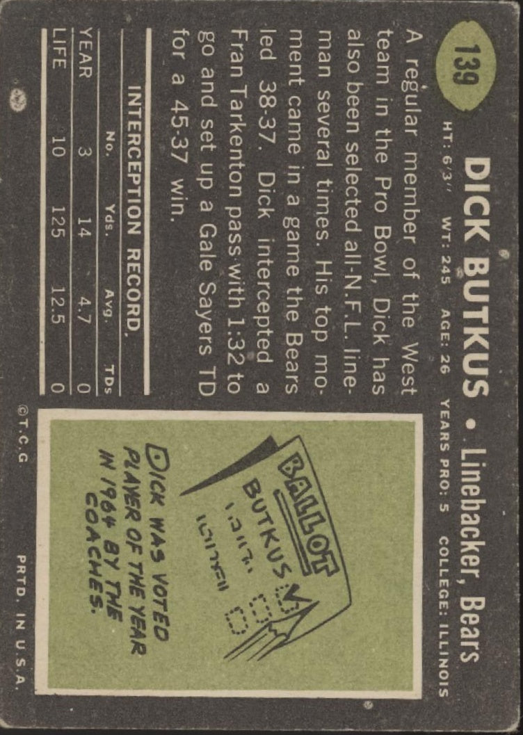 Dick Butkus 1969 Topps #139 Chicago Bears EX