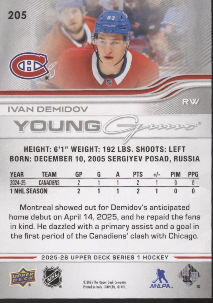 Ivan Demidov 2025-26 Upper Deck Series 1 Young Guns RC #205
