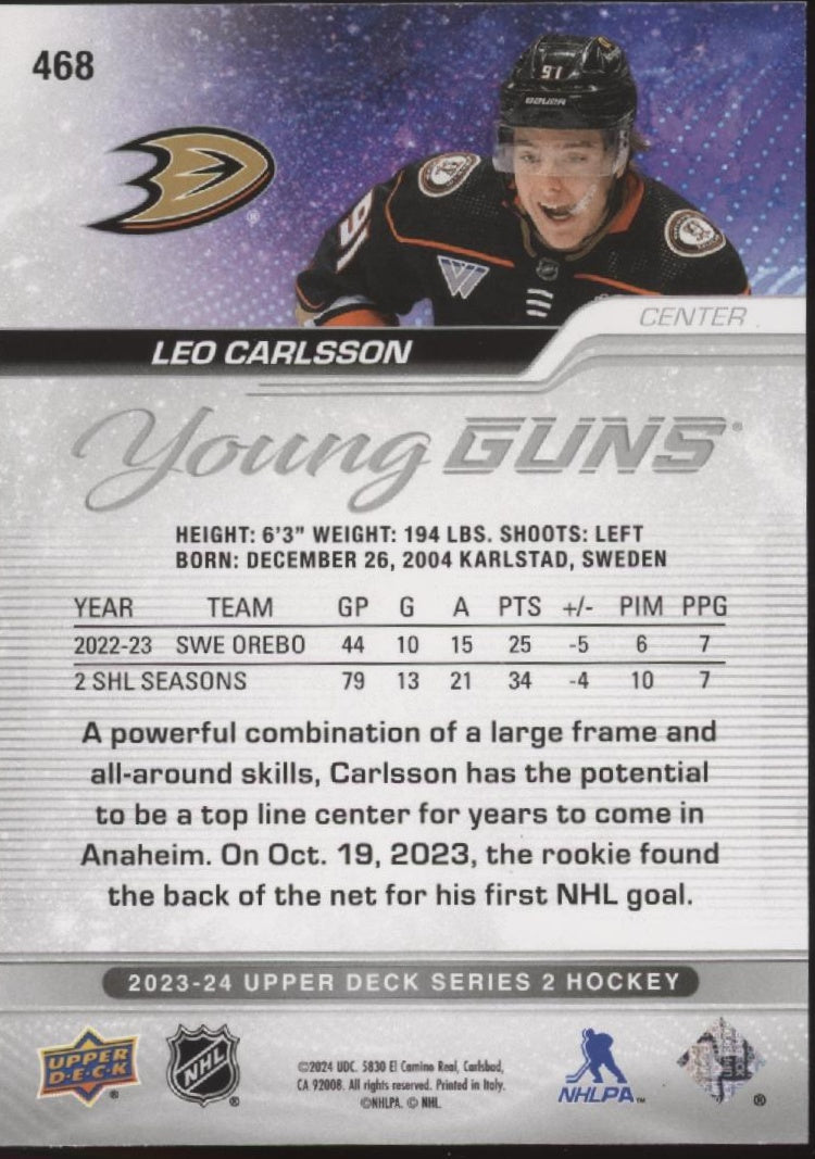 Leo Carlsson 2023-24 Upper Deck Series 2 Young Guns RC #468