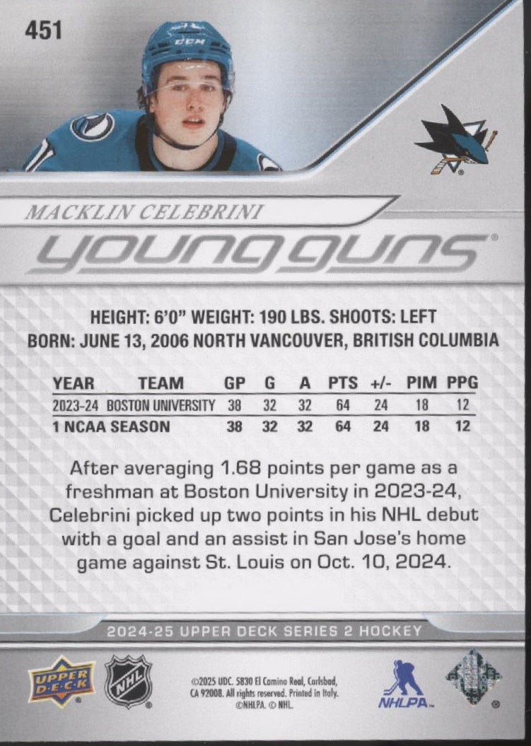 Macklin Celebrini 2024-25 Upper Deck Series 2 Young Guns RC #451