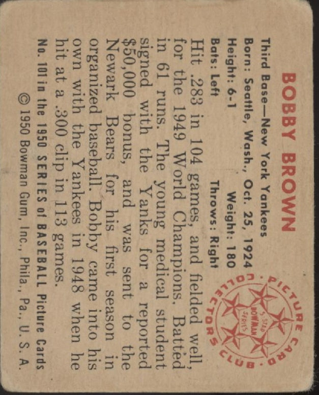 Bobby Brown 1950 Bowman #101 New York Yankees GD