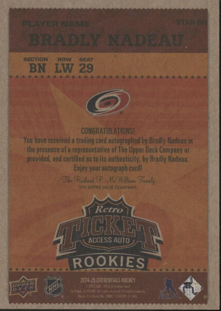 Bradley Nadeau 2024-25 Upper Deck Credentials Retro Ticket Access RC Auto