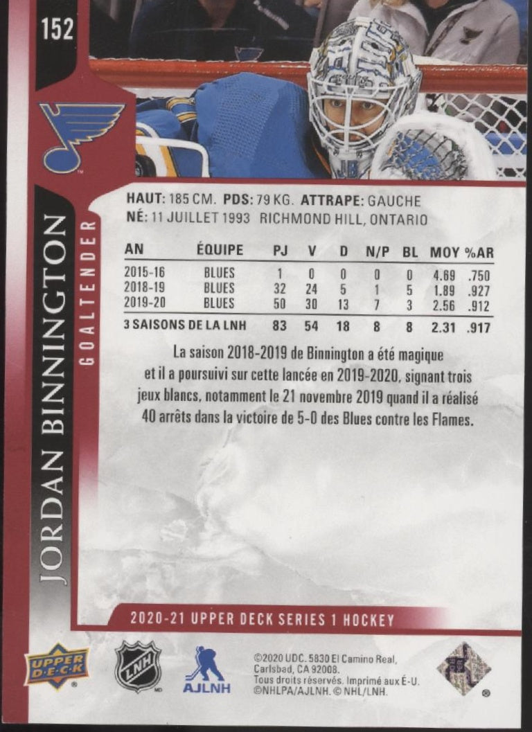 Jordan Binnington 2020-21 Upper Deck Series 1 Exclusives Red 024/100 #152
