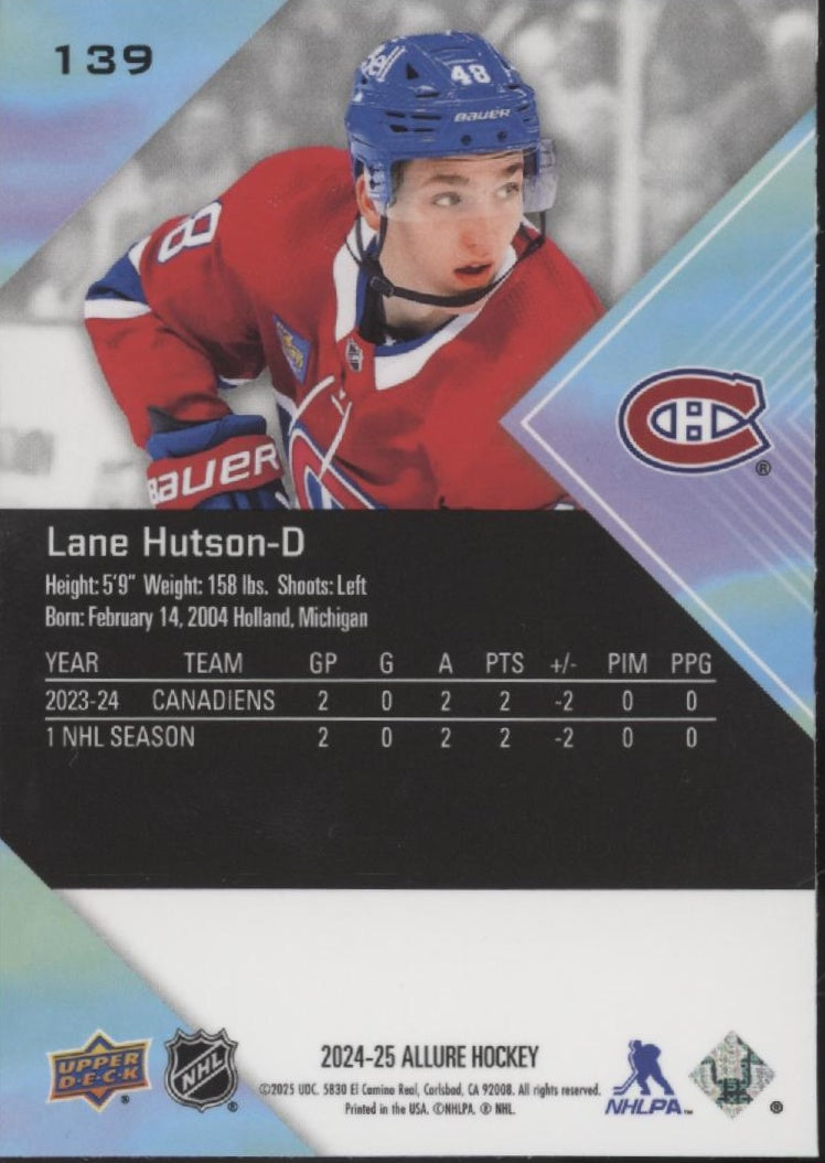 Lane Hutson 2024-25 Upper Deck Allure Blue Refractor RC #139