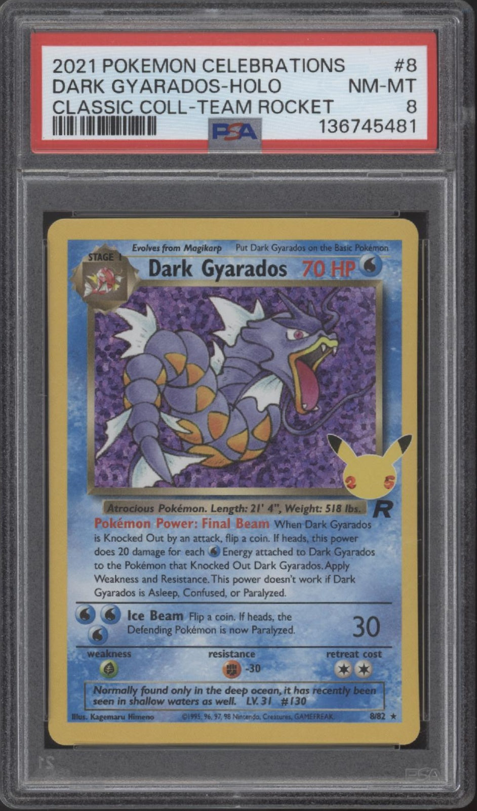 Dark Gyarados Pokemon Celebrations Classic Collection Team Rocket Holo #8 PSA 8