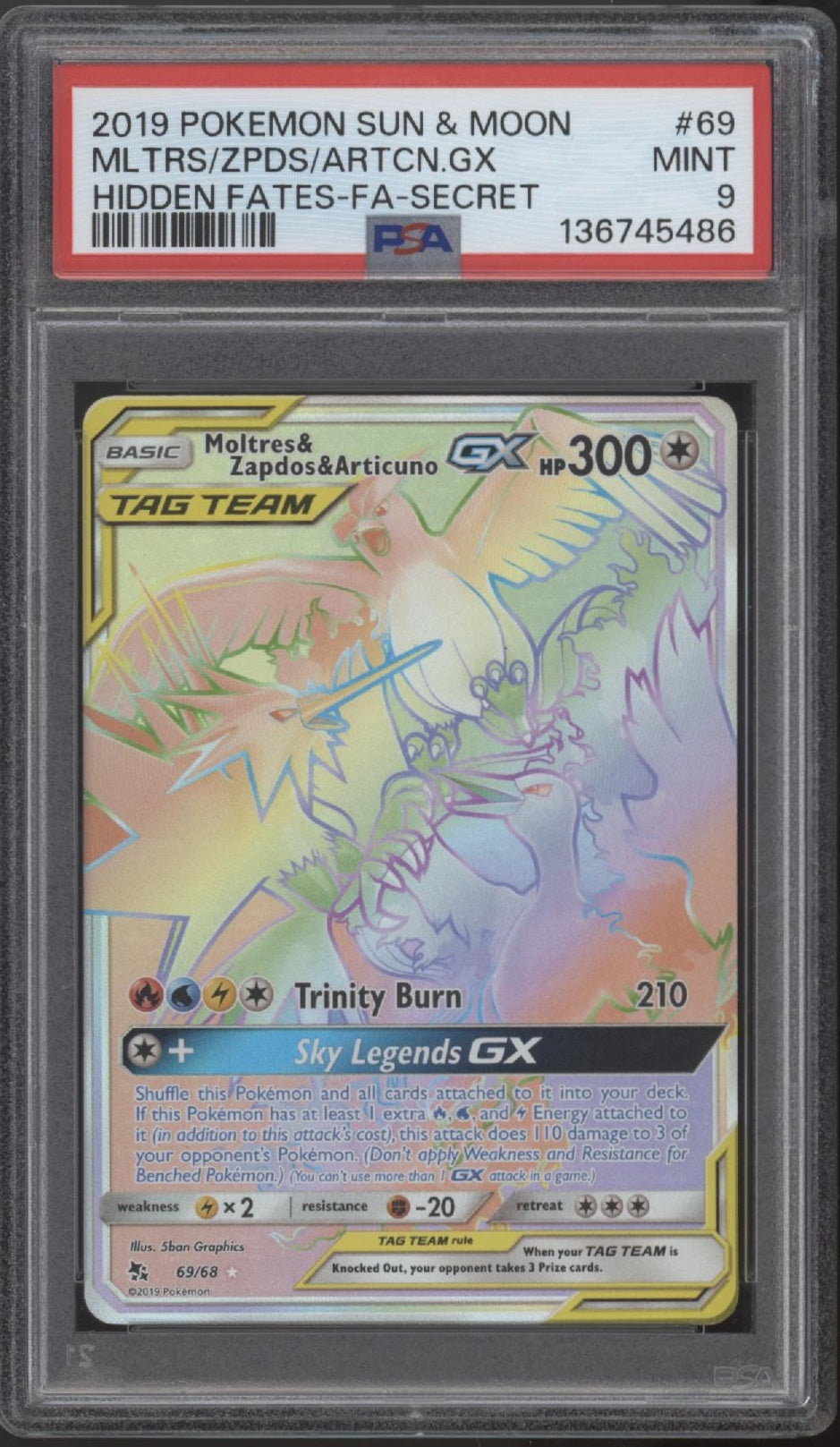 Moltres & Zapdos & Articuno GX Pokemon Hidden Fates Secret #69 PSA 9