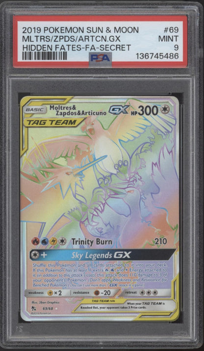 Moltres & Zapdos & Articuno GX Pokemon Hidden Fates Secret #69 PSA 9