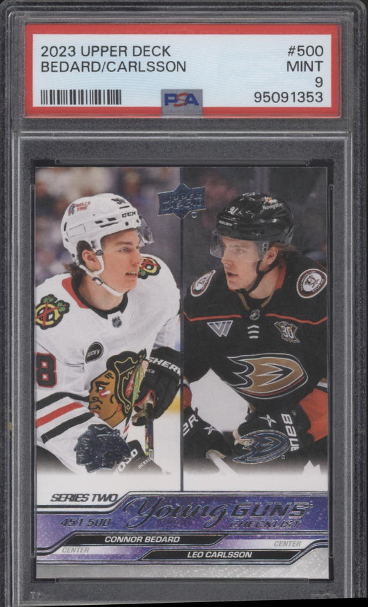 Connor Bedard / Leo Carlsson 2023-24 Upper Deck Series 2 Young Guns RC PSA 9