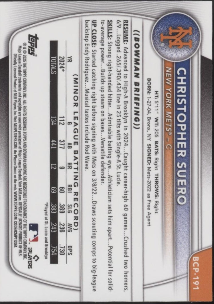Christopher Suero 2025 Bowman Chrome Prospects Purple Shimmer Refractor 202/250
