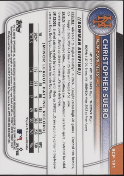 Christopher Suero 2025 Bowman Chrome Prospects Purple Shimmer Refractor 202/250