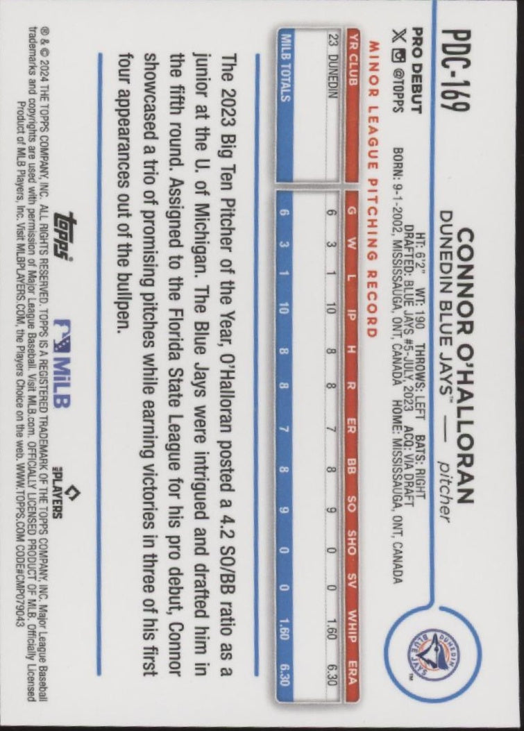 Connor O'Halloran 2024 Topps Chrome Pro Debut Gold Refractor 24/50 #PDC-169