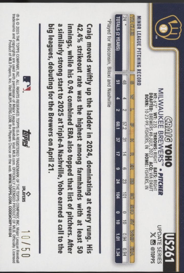 Craig Yoho 2025 Topps Update Series Gold Holo RC 10/50 #US261、Collector Store LLC、kayou