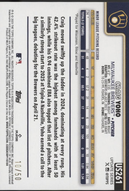Craig Yoho 2025 Topps Update Series Gold Holo RC 10/50 #US261