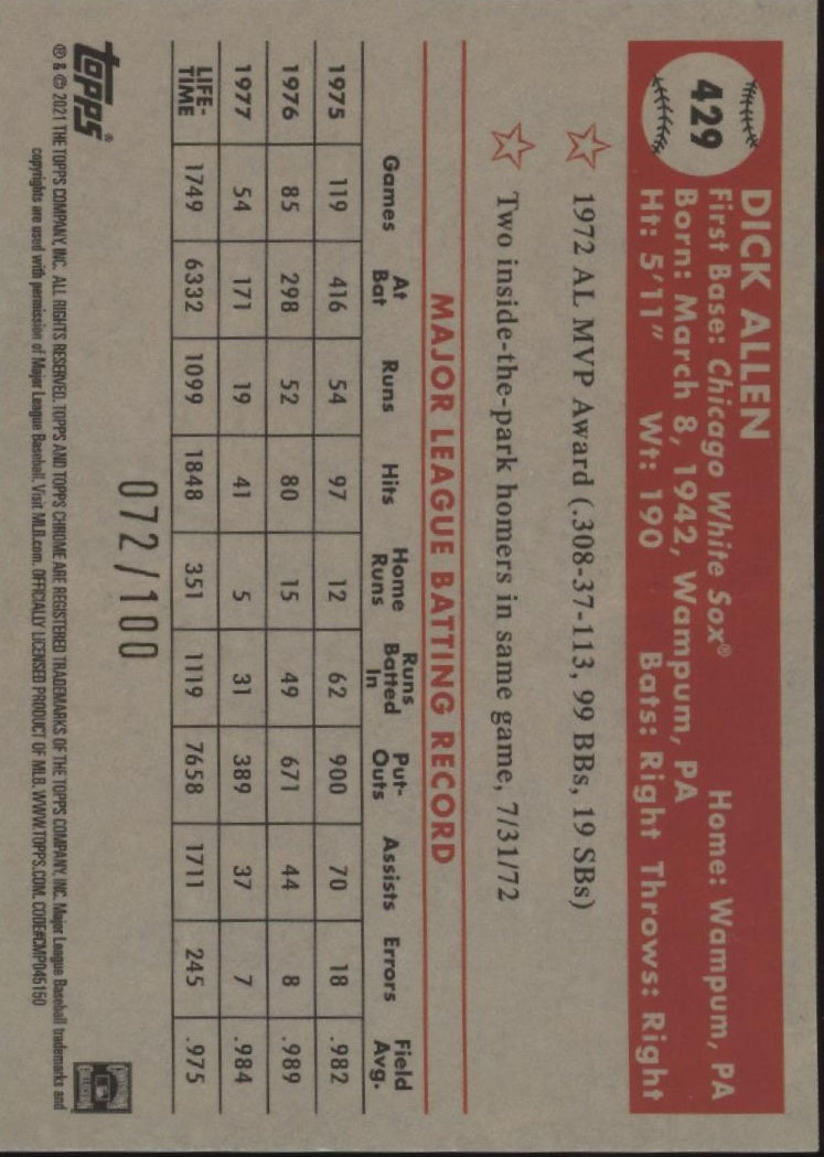 Dick Allen 2021 Topps Chrome Platinum Anniversary Red Ice Refractor 072/100 #429