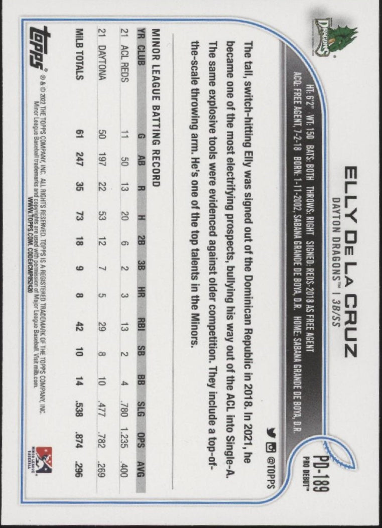 Elly De La Cruz 2022 Topps Pro Debut #PD-189 #2