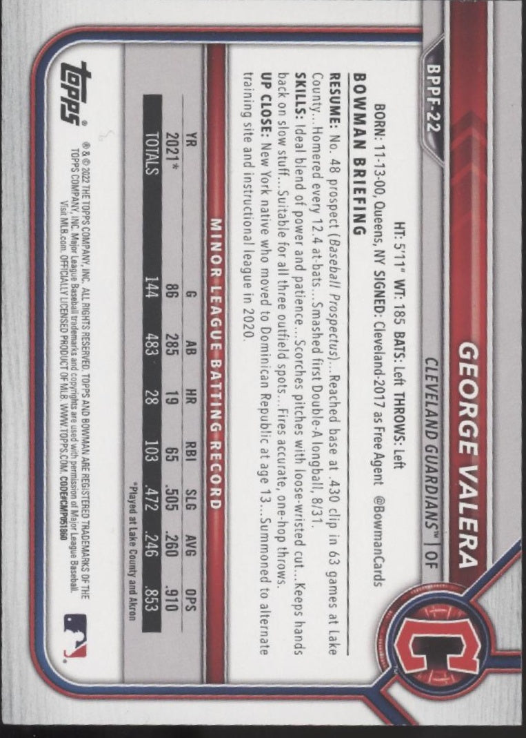 George Valera 2022 Bowman Prospects Sky Blue Holo #BPPF-22