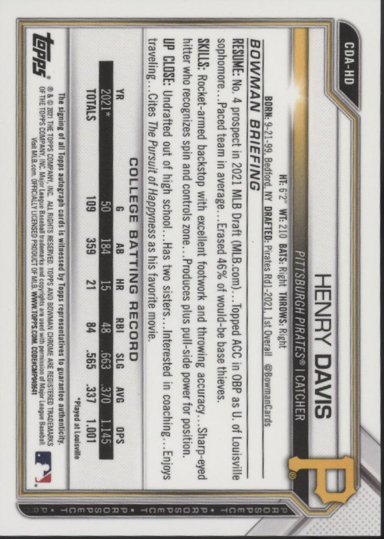 Henry Davis 2021 Bowman Chrome Prospects Auto #CDA-HD