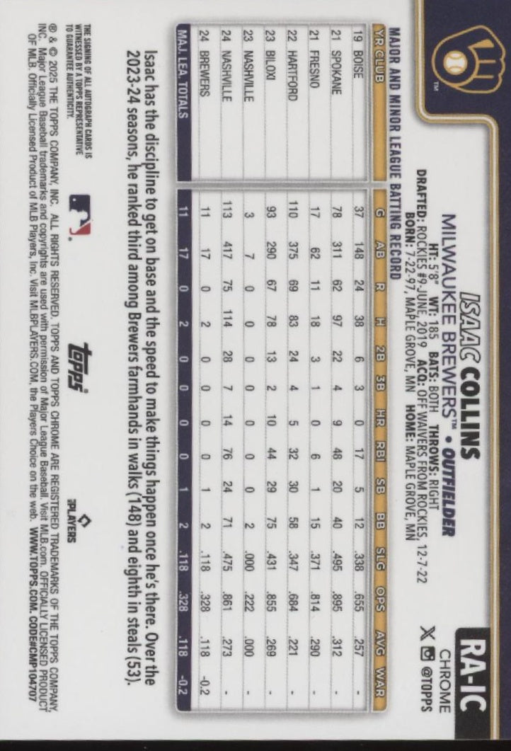 Isaac Collins 2025 Topps Chrome RC Auto #RA-IC