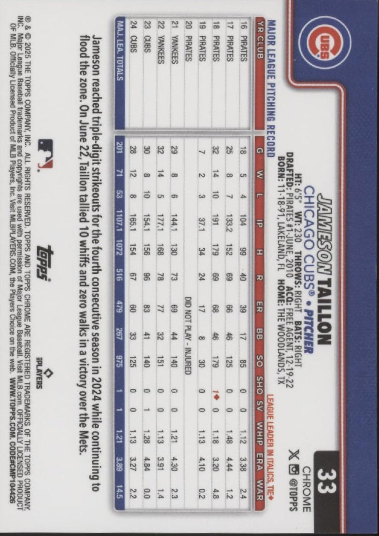 Jameson Taillon 2025 Topps Chrome Orange Ray Wave Refractor 25/25 #33