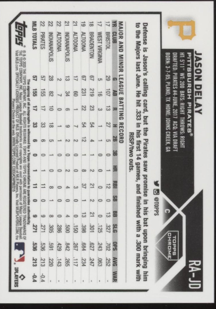 Jason Delay 2023 Topps Chrome Orange Refractor RC Auto 03/25 #RA-JD