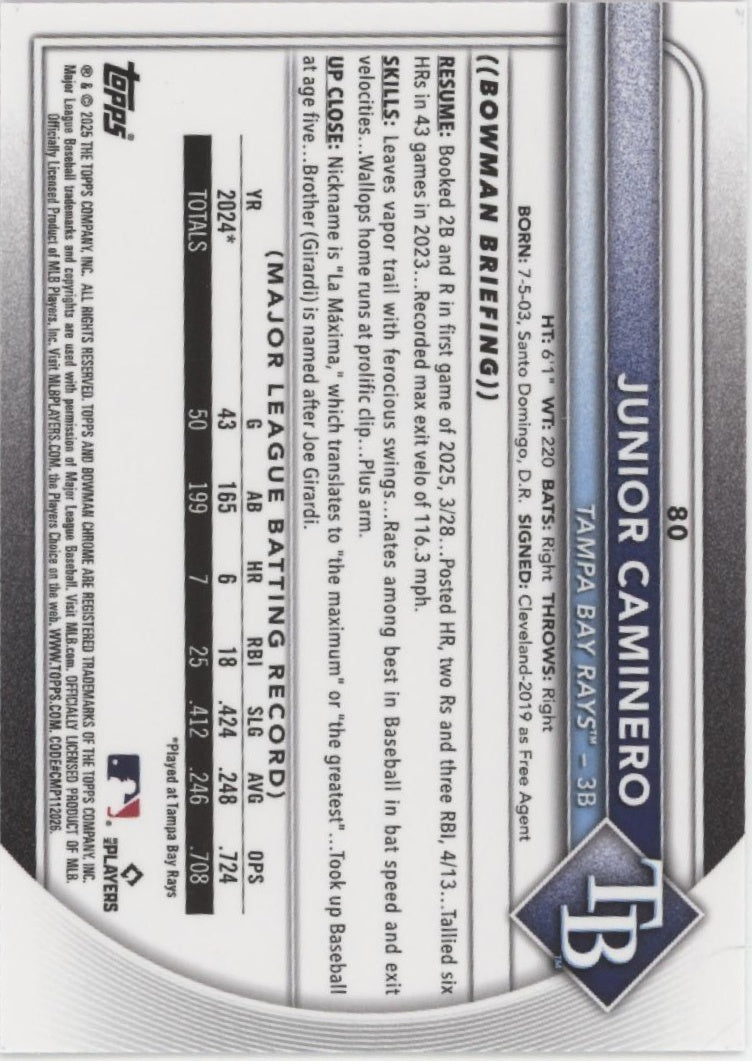 Junior Caminero 2025 Bowman Chrome Purple Refractor 151//299 #80