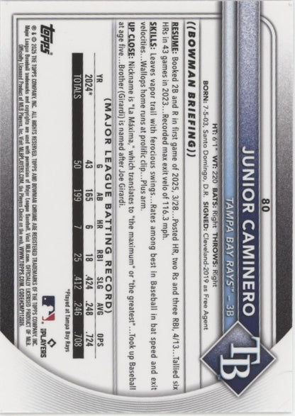 Junior Caminero 2025 Bowman Chrome Purple Refractor 151//299 #80