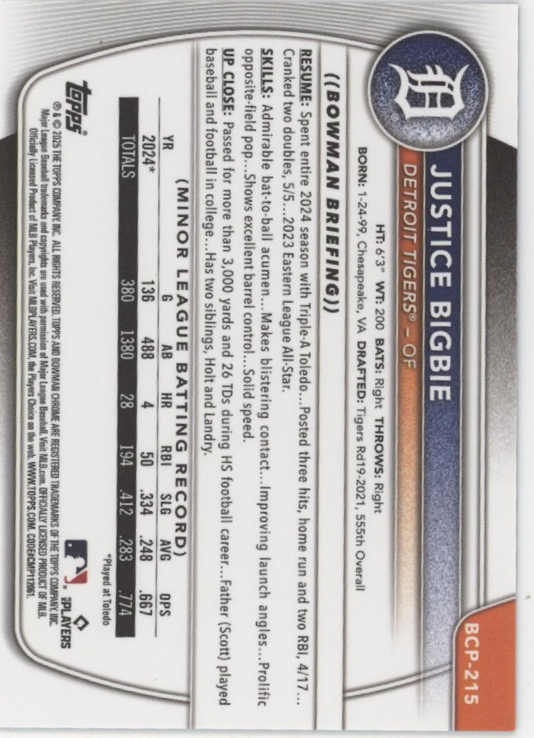 Justice Bigbie 2025 Bowman Chrome Prospects Blue Scale Refractor 117/150