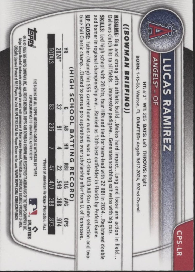 Lucas Ramirez 2025 Bowman Chrome Prospects Green Ice Refactor Auto 95/99