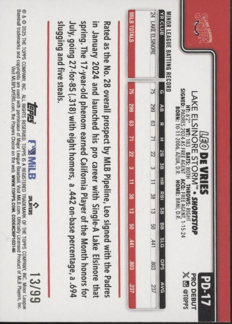 Leo De Vries 2025 Topps Pro Debut Green Holo 13/999 #PD-17