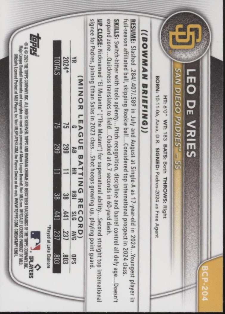 Leo De Vries 2025 Bowman Chrome Prospects Blue Refractor 050/150 #BCP-204