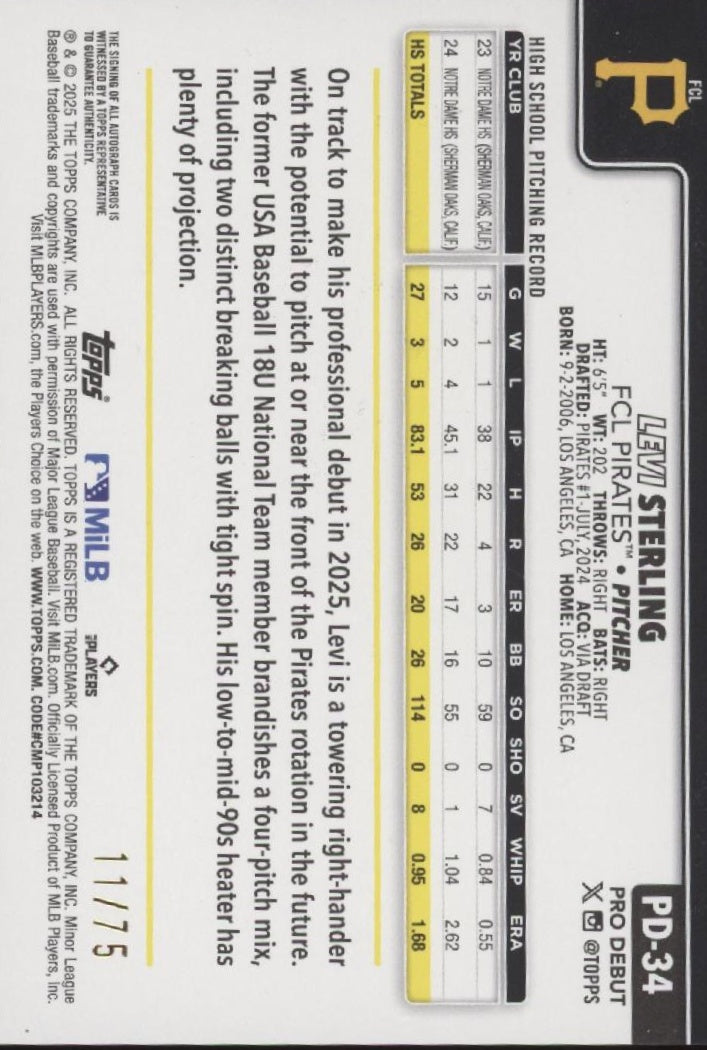Levi Sterling 2025 Topps Pro Debut Auto Aqua Holo 11/75 #PD-34