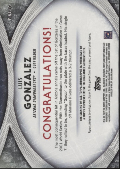 Luis Gonzalez 2017 Topps Finest Finishes Refractor Auto #FINA-LG