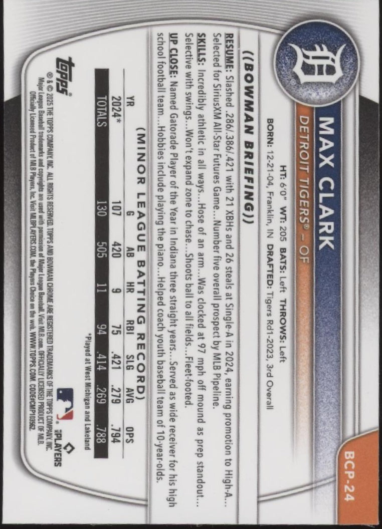 Max Clark 2025 Bowman Chrome Prospects Aqua Mojo Refractor 093/125 #BCP-24