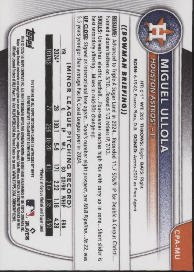 Miguel Ullola 2025 Bowman Chrome Prospects Speckle Refractor Auto 238/299