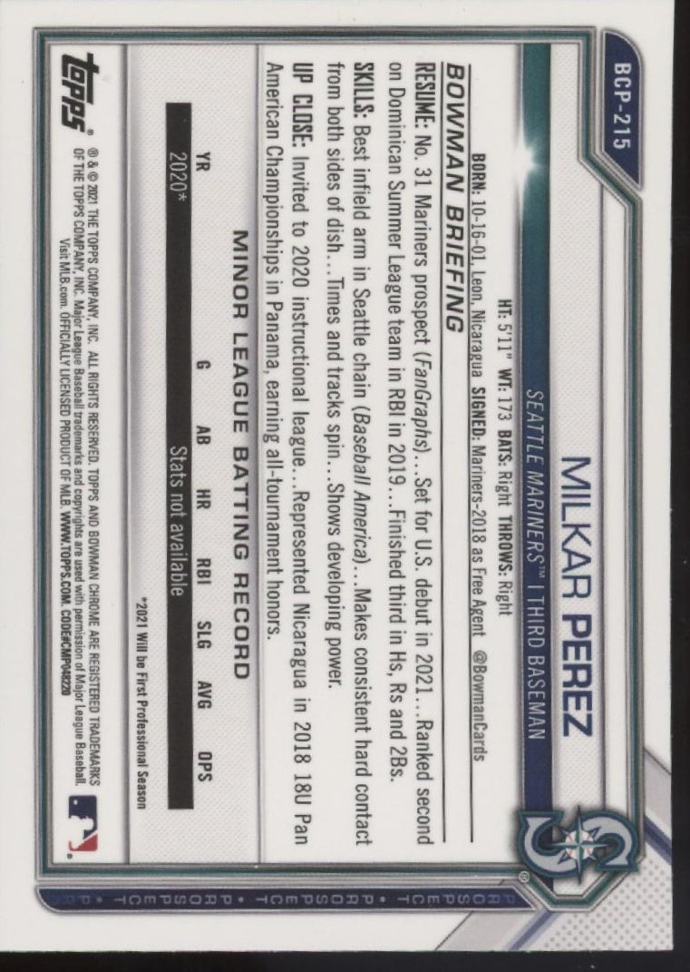 Milkar Perez 2021 Bowman Chrome Prospects Mojo Refractor #BCP-215 #1