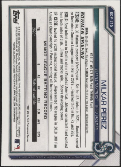 Milkar Perez 2021 Bowman Chrome Prospects Mojo Refractor #BCP-215 #2