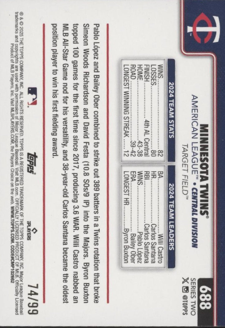 Minnesota Twins 2025 Topps Series 2 Value Box Holiday Hot Dog Holo 74/99 #688
